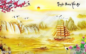 Tranh thuận buồm xuôi gió khổ ngang 3d con thuyền vàng chạy trên biển