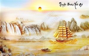 Tranh thuận buồm xuôi gió núi và thác nước vẽ tay con thuyền mạ vàng in uv