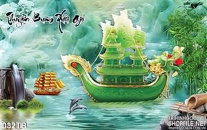 Tranh thuận buồm xuôi gió 3d giả ngọc con thuyền rồng, cây tre