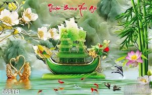 Tranh thuận buồm xuôi gió con thuyền 3d giả ngọc màu xanh biếc wall