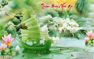Tranh thuận buồm xuôi gió 3d giả ngọc và con thuyền rồng bằng ngọc màu xanh in uv