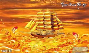 Tranh thuận buồm xuôi gió con thuyền vàng in uv file psd