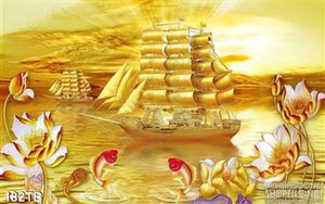 Tranh thuận buồm xuôi gió con thuyền vàng 3d đẹp ấn tượng