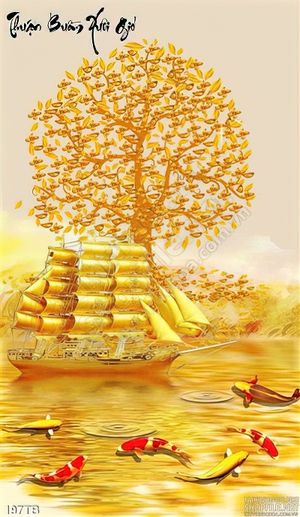 Tranh thuận buồm xuôi gió kim tiền thuyền mạ vàng và cá koi in uv
