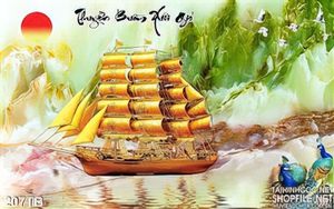 Tranh thuận buồm xuôi gió kim tiền con thuyền vàng đẹp ấn tượng 3d
