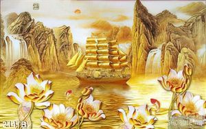 Tranh thuận buồm xuôi gió thuyền và hoa sen giả ngọc