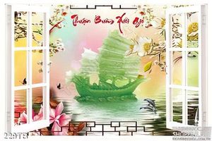 Tranh thuyền buồm xuôi gió in uv 3d giả ngọc con thuyền rồng