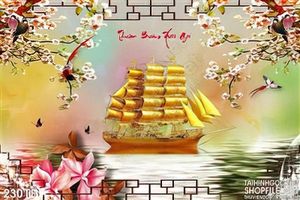 Tranh thuyền buồm xuôi gió chiếc thuyền mạ vàng