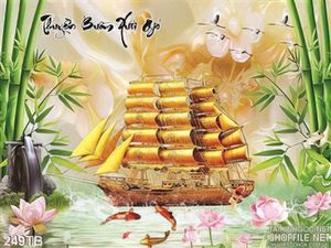 Tranh thuyền buồm xuôi gió thuyền vàng và đàn cò