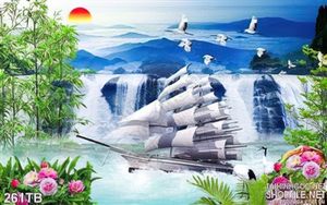 Tranh thuyền buồm xuôi gió thác nước và chim hạc