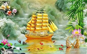 Tranh thuyền buồm xuôi gió thiên nga và thuyền mạ vàng