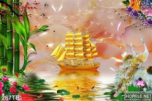 Tranh thuyền buồm xuôi gió thuyền vàng và con công giả ngọc