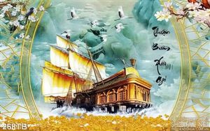 Tranh thuyền buồm xuôi gió giả ngọc con thuyền cổ psd