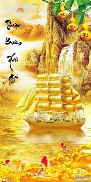 Tranh thuyền buồm xuôi gió con thuyền bằng mạ vàng