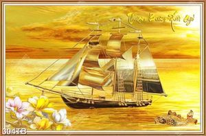 Tranh decor tường tàu căng buồm giữa biển vàng nghệ thuật