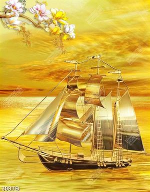 Tranh thuyền buồm trên biển vàng in kính