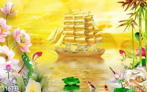 Tranh đá giả ngọc thuyền trên biển vàng in uv