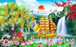 Tranh ghép kim tiền thuyền vượt thác file gốc