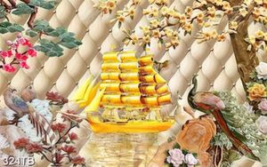 Tranh ghép kim tiền đá giả ngọc thuyền vàng trên dòng nước