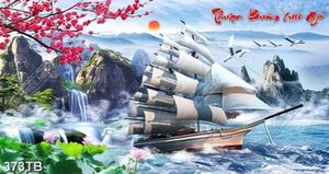 Tranh sơn thủy chiếc thuyền vượt thác chất lượng cao