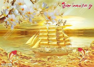 Tranh thuận buồm thuyền trên dòng sông vàng và hoa anh đào nghệ thuật