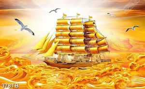 Tranh thuận buồm chiếc thuyền trên sóng nước vàng tài lộc