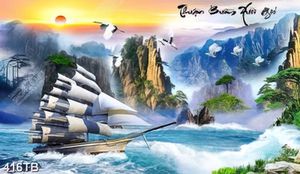 Tranh thuận buồm thuyền con sóng lớn decor tường