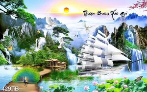 Tranh phong thuỷ thuyền buồm bên hoa sen và ngôi nhà gỗ in kính