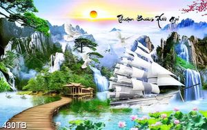 Tranh sơn thuỷ thuyền buồm bên hồ sen và cá chép in uv