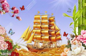 Tranh trang trí phòng chiếc thuyền bên dòng sông vàng và hoa mộc lan file gốc