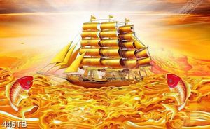 Tranh thuyền buồm và cá chép trên sông vàng in uv