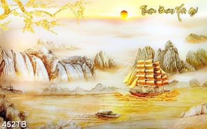 Tranh kim tiền chiếc thuyền trên dòng sông vàng