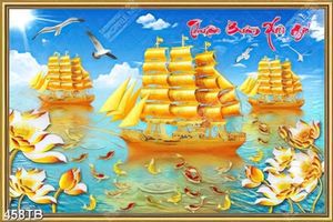 Tranh kim tiền đàn cá chép và những chiếc thuyền vàng