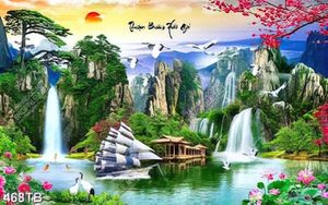Tranh gắn tường phong cảnh thuyền buồm bên ngôi nhà gỗ in kính