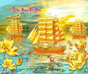Tranh 3D giả ngọc những con thuyền vàng và đàn cá chép