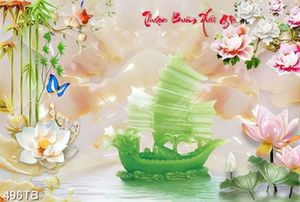 Tranh giả ngọc thuyền rồng xanh ngọc bích và hoa sen file gốc