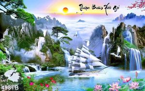 Tranh phong cảnh nghệ thuật thuyền và hoa sen bên thác nước chất lượng cao