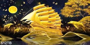 Tranh ghép 3D thuyền vàng và cá heo đẹp nghệ thuật