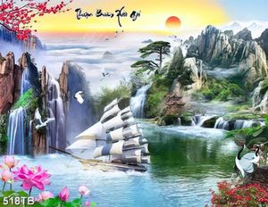 Tranh phong thuỷ thuyền buồm vượt thác chất lượng cao