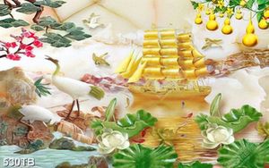 Tranh 3D giả ngọc hoa sen và cò bên thuyền vàng in kính