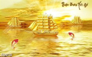 Tranh kim tiền thuyền và biển vàng bên những chú cá chép