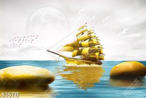 Tranh 3D thuyền vàng bên đàn chim file psd