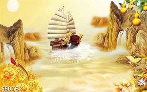 Tranh tài lộc thuyền rồng bên sông núi vàng file gốc