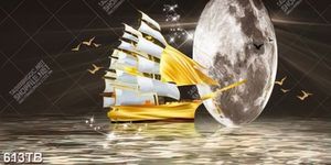 Tranh ghép chiếc thuyền vàng trên dòng sông bạc in kính