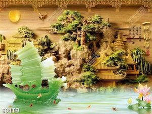 Tranh 3D giả ngọc thuyền rồng và cá chép in kính