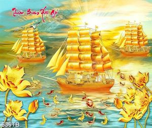 Tranh thuận buồm những chiếc thuyền vàng bên đàn cá chép file psd