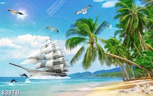 Tranh biển hàng dừa xanh và con thuyền in uv