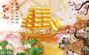 Tranh tài lộc thuyền vàng và hoa sen giả ngọc chất lượng cao