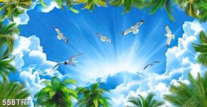 Tranh dán trần 3d đàn chim bay lượn trên bầu trời và thiên nhiên