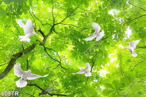 Tranh in trần file gốc psd đàn chim bay dưới tán cây xanh lá